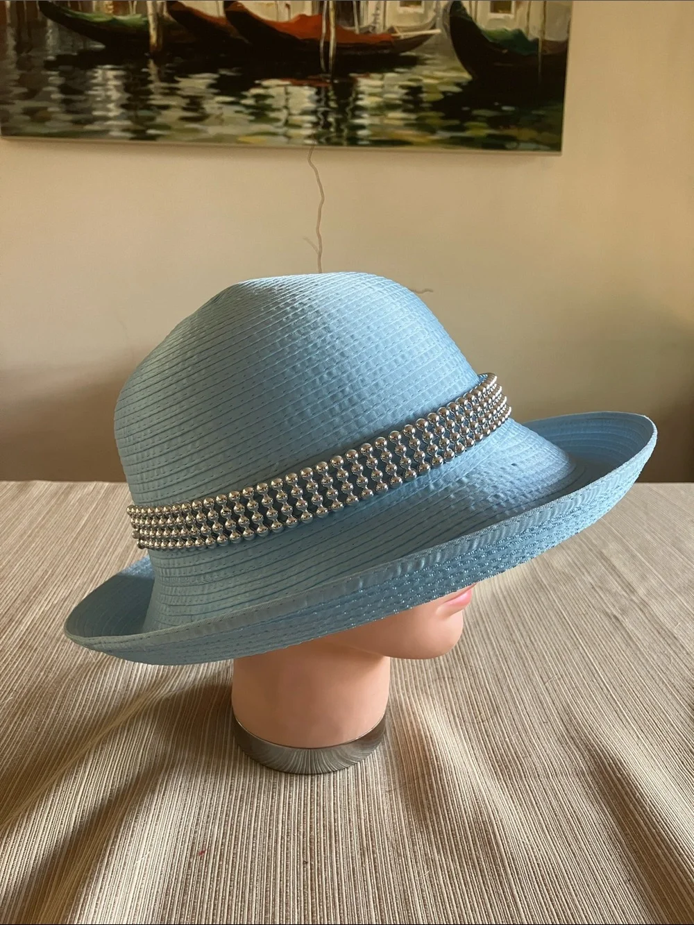 Chic Light Blue Satin Ribbon Hat with Silver Beaded Band